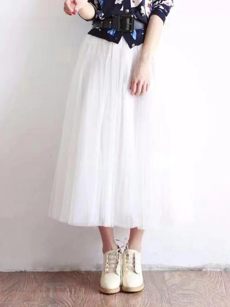Elegant Women Tulle Skirt  Korean Fashion Mesh White A Line Ladies Pleated Skirt Summer Chic High Waist Black Party Faldas
