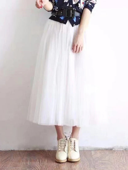 Elegant Women Tulle Skirt  Korean Fashion Mesh White A Line Ladies Pleated Skirt Summer Chic High Waist Black Party Faldas