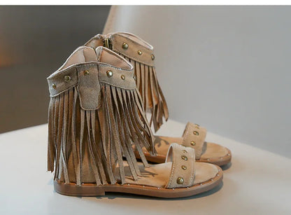 One-strap Summer Roman Shoes for Girls Tassel Rivets High-top Sandals Little Girl Soft Sole Bohemian Dress Shoes Child I06133