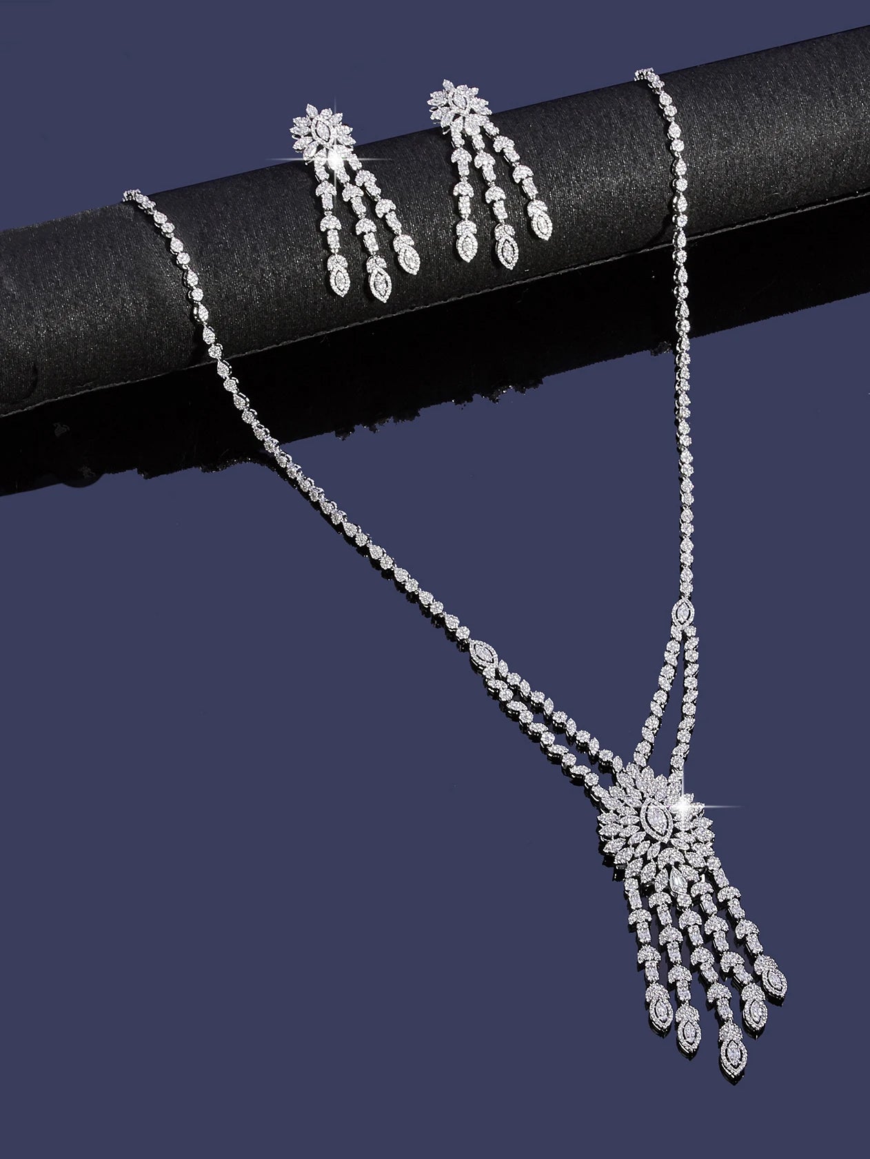 Long Sweater Chain Tassel Necklace Earring Set for Women Luxury Cubic Zirconia Bridal Jewelry Set Wedding Accessorie