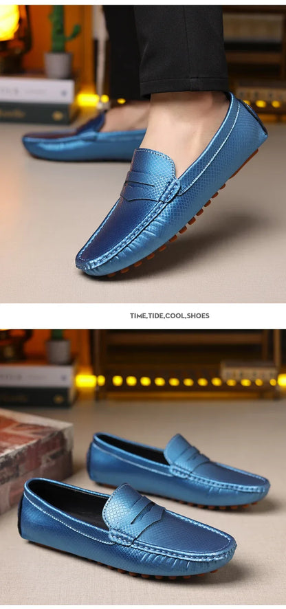 Mocassins Masculinos de Couro Azul de Luxo Moda Casual Confortável para Homens Designer Sapatos Slip-on Planos Masculinos zapatos hombre