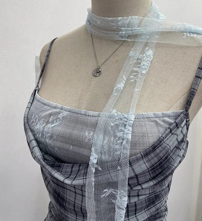 Y2K Plaid Camisole for Women Summer Casual Lace Scarf Breathable Stretch Mesh Patchwork Asymmetrical Ruffle Slim Tops
