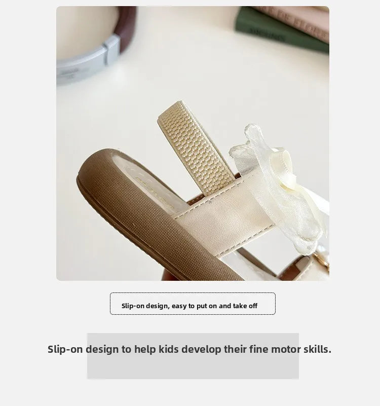 Summer Girl's Sandals Clip-toe Bowknot Elastic Band Soft Sole Kids Sliders Beautiful Pu Leather Chunky Morden Children Shoes