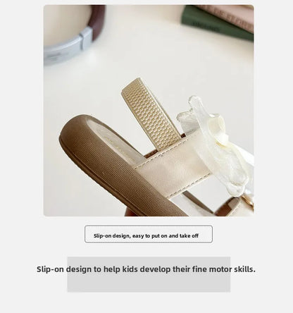 Summer Girl's Sandals Clip-toe Bowknot Elastic Band Soft Sole Kids Sliders Beautiful Pu Leather Chunky Morden Children Shoes