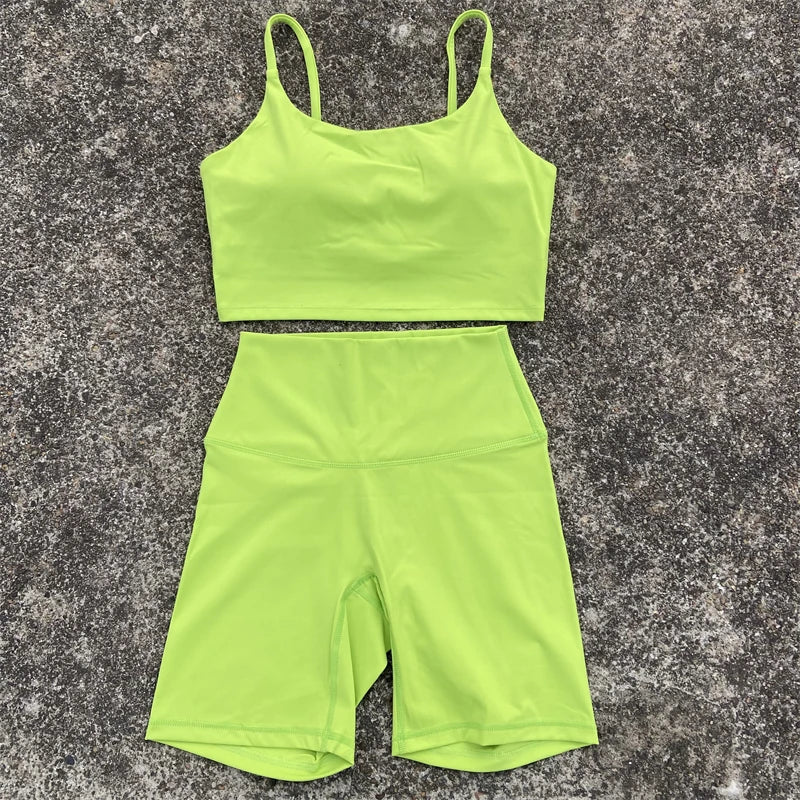 Yoga Clothes Set 2 Piece Gym Sports Shorts Set Women Sexy Back Bra Top High Waist Shorts Fitness Suit Running Workout Tracksuit