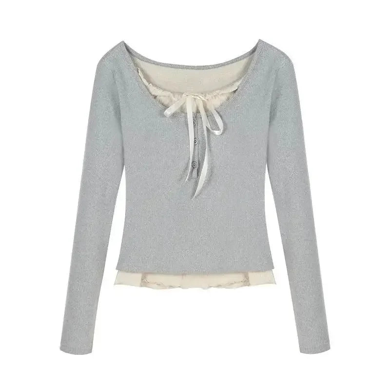 2026 Summer Kawaii Sweet Y2k Crop Tops Woman Casual Slim Long Sleeve Blouse Solid Korean Fashion Bodycon Pullover Office Lady