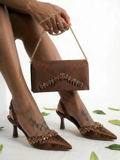 2026 Italian Inspired Coffee Pointed Toe High Heels Matching Handbag Set  COMFORT INCLUDED Elegant Wedding Party Shoes for Women