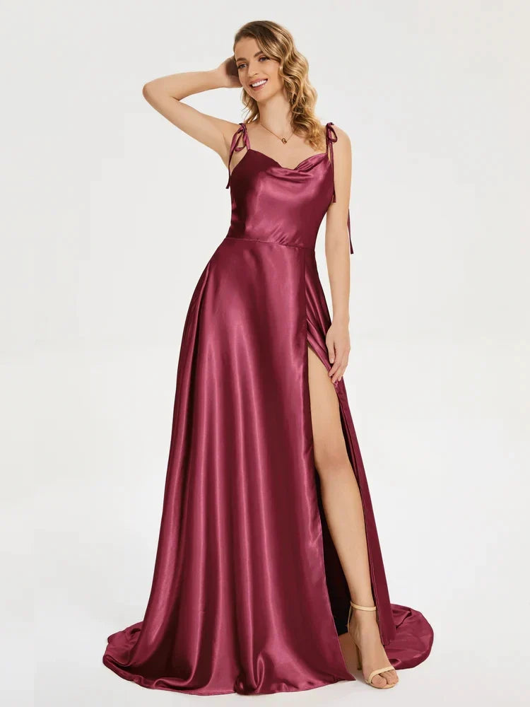 Elegant Bridesmaid Dress Cowl Neck Adjusted Spaghetti Silky-satin Fabric A-line Silhouette Wedding Women Long Gown