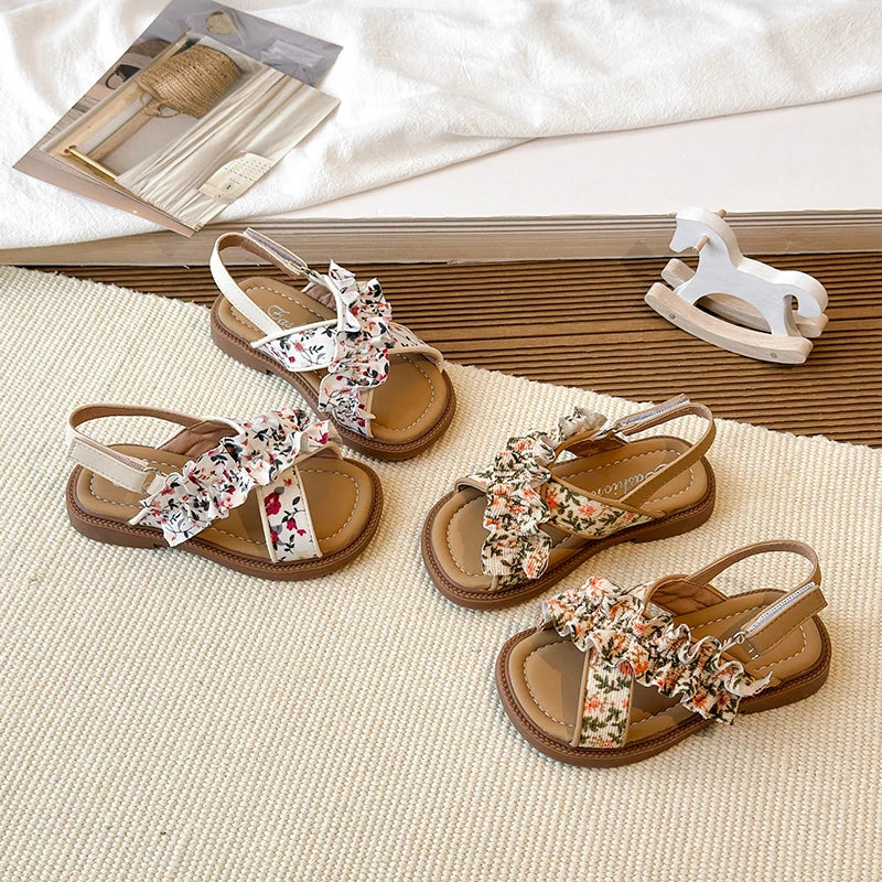 Summer Girl's Sandals Open Toe Flower Hook-loop Chic Kid's Flat Shoe Solid Colors Light Comfy Casual Daily Children Shoes 23-33