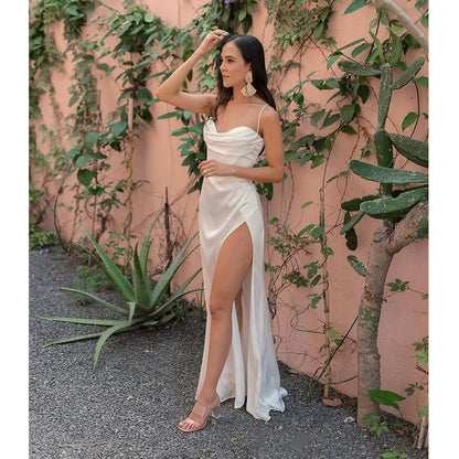 New Summer Prom Dress Women'S Sling Sleeveless Solid Color Dress One Word Neck Slim Fit Open Back Slit Red Sexy Dress