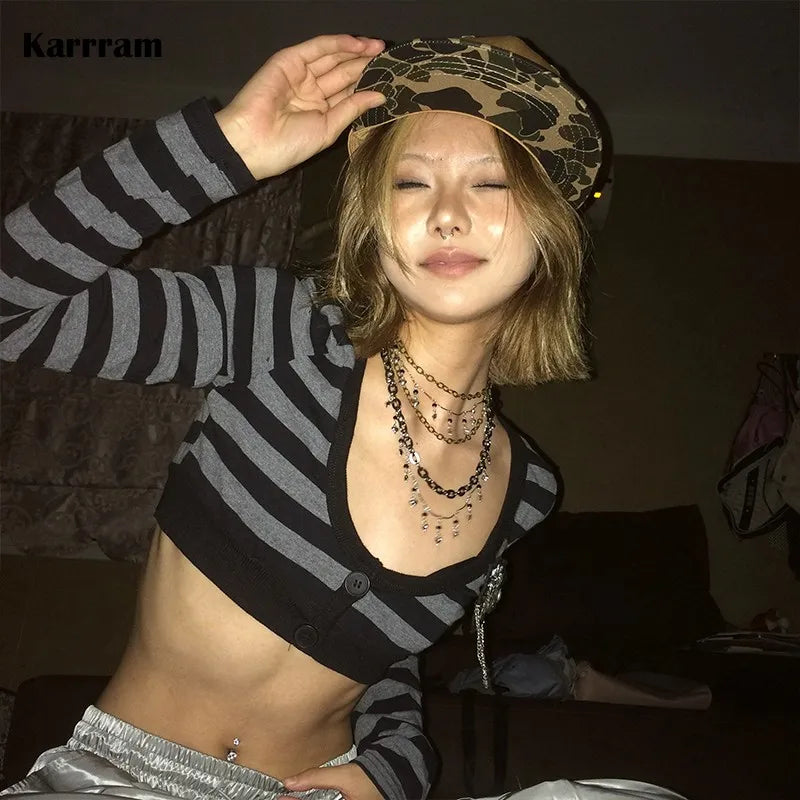 Y2k Crop Top Japanese 2000s Style Striped Long Sleeved T-shirt Vintage Harajuku High Street Tops American Retro