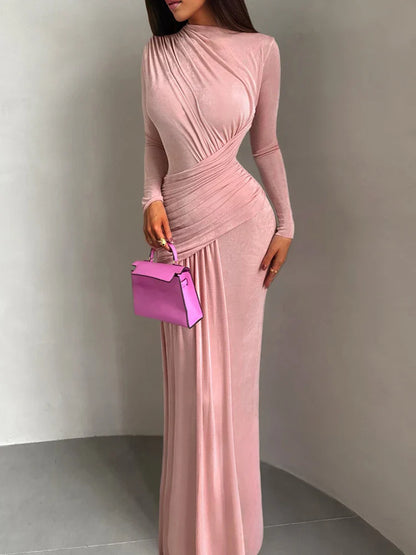 Maxi Dress Women o-Neck Full Sleeve Solid Banquet Elegant Vacation Fashion Autumn Skinny Casual Simple Vestido