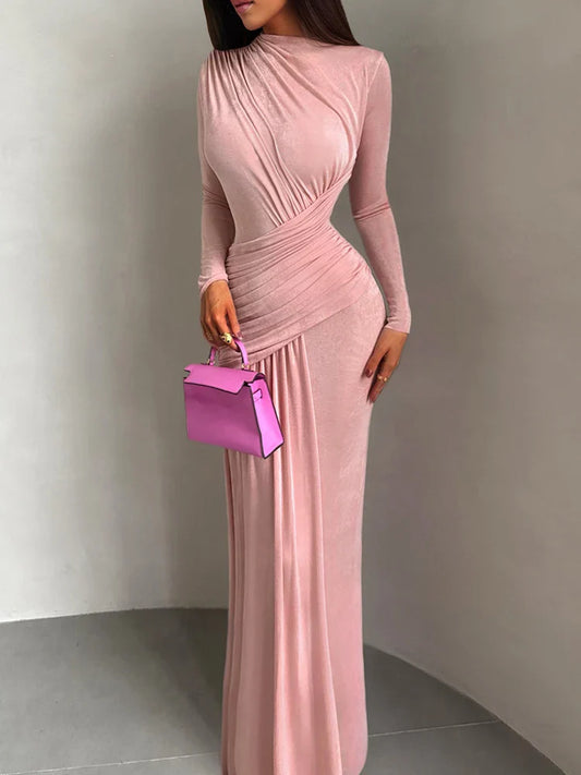 Maxi Dress Women o-Neck Full Sleeve Solid Banquet Elegant Vacation Fashion Autumn Skinny Casual Simple Vestido