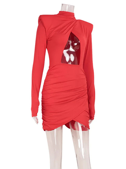 Hollow Out Long Sleeve Solid O Neck Hip Wrap Sheath Zipper Women Dresses Party Outfits Female Bodycon Vestidos Robes