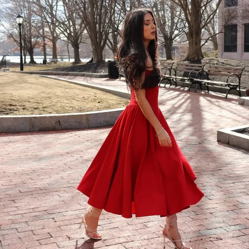 Summer Party Dresses 2025 New Arrivals Fit and Flare Elegant Midi Dress Red Night Date Dress
