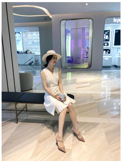 2025 New Genuine Leather Gladiator Pumps Sandals Luxury Metal Rivets Summer Women Outdoor Slippers Black Fashion High Heels 41