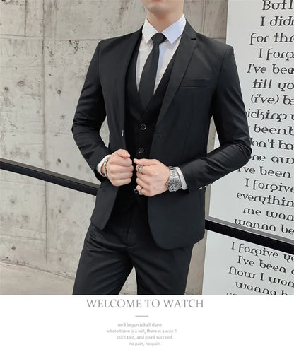 Solid Color Suit Men's Fashionable Gentleman Business Banquet Korean-style Formal Dress Casual Wedding (Blazer+Vest+Trousers)