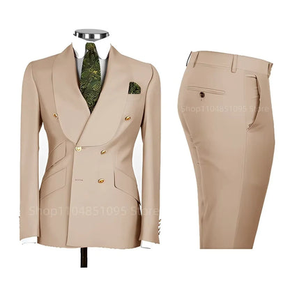 2 PCS Men's Smart Casual Solid Formal Tuxedo Suits with Shawl Lapel Double Breasted Jacket And Pants for Business And Wedding