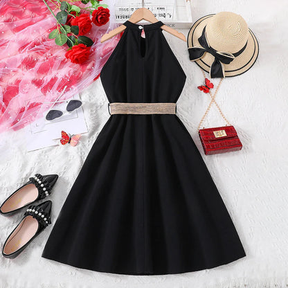 Elegant Summer Princess Dress for Teen Girls with Halter Neck and Off-Shoulder Children Sleeveless Casual Clothes with Belt