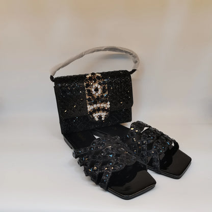 Pretty Soft Flat Shoes With Bag Set For Woman Fashion Style Rhinestone Party Slippers And Women Purse Latest Design