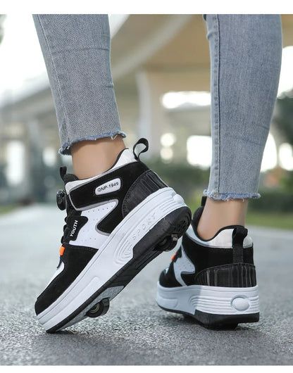 Children's walking shoes 2024 new double wheel invisible roller skates young primary school children big child swivel buckle
