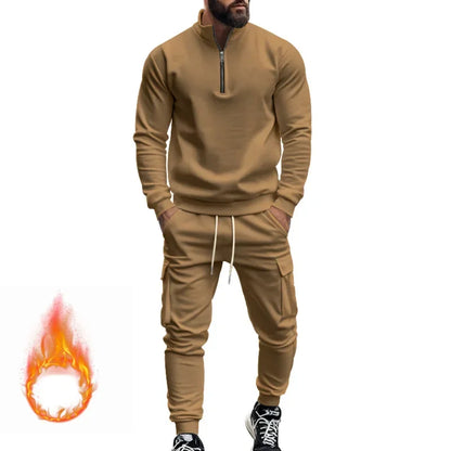 2024 autumn and winter men's casual velvet warm zipper sports trousers set