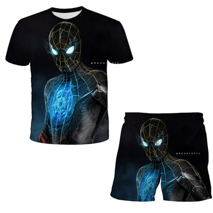 Kids Summer Tshirt Set Boys Spider-Man Trendy 2 Piece Hulk Iron Man Spiderman Outfit