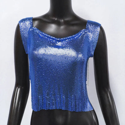 Women Metal Sequins Crop Tops Sexy Hollow Out Sleeveless Backless Y2k Tank Tops Nightclub Party Rave Festival Camisole 2023 New