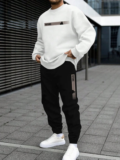 Men's Autumn and Winter Set With Future Print Casual Long Sleeve Pants Two-pieces Suit Comfortable Sportswear Suit Crew Neck
