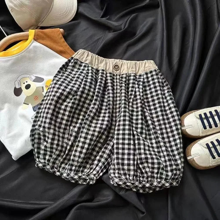 Summer Cute Cartoon Printed Boys Casual Outfits Kids Fashion Plaid Shorts Sets Children Sleeveless Top and Bottom Two Piece Sets