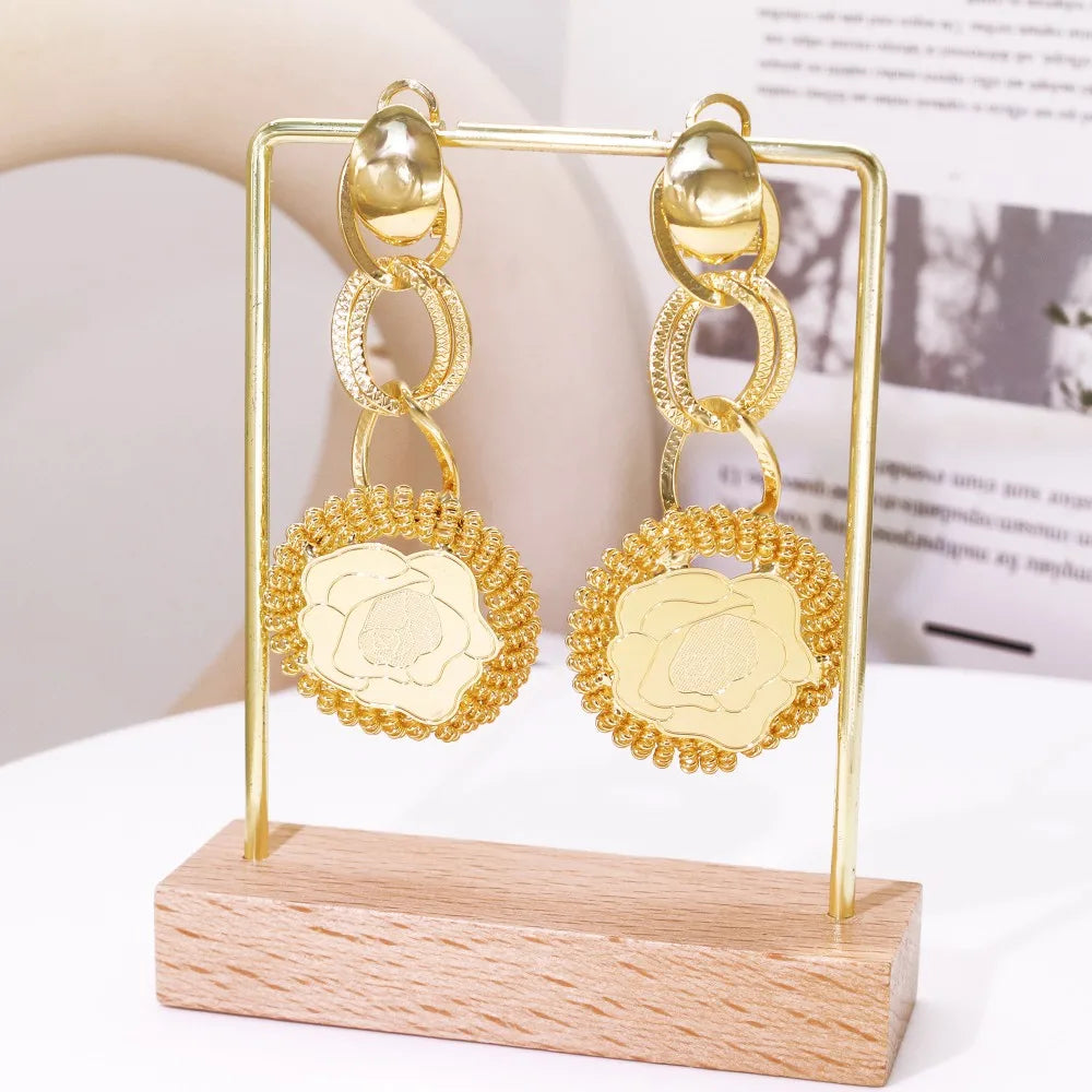 4Pcs Gold Color Rose Jewelry Set Exaggeration Big Drop Necklace Super Large Bracelet Long Earring Ring For Women Gift