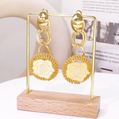 4Pcs Gold Color Rose Jewelry Set Exaggeration Big Drop Necklace Super Large Bracelet Long Earring Ring For Women Gift
