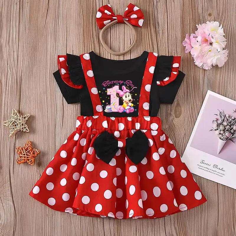 Minnie Mouse Girl Set Children Dress Baby Clothing Set Summer Birthday Costume Polka Dot Suspender Skirt Bow Headband skirt suit