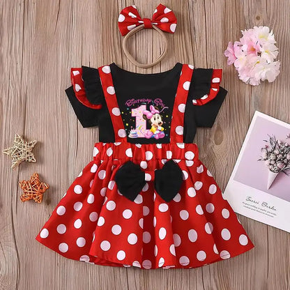 Minnie Mouse Girl Set Children Dress Baby Clothing Set Summer Birthday Costume Polka Dot Suspender Skirt Bow Headband skirt suit