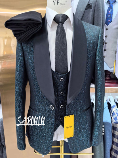 Luxurious Shawl Lapel 3-pieces Men Suit Textured Single Breasted Elegant Customized High Quality Set Vintage Party Groom Wear