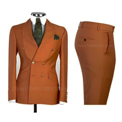 2 PCS Men's Smart Casual Solid Formal Tuxedo Suits with Shawl Lapel Double Breasted Jacket And Pants for Business And Wedding