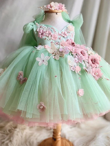 Vestido de princesa infantil borboleta com asas de malha fofa para meninas de 2 a 6 anos, vestido elegante para festa de aniversário com flores