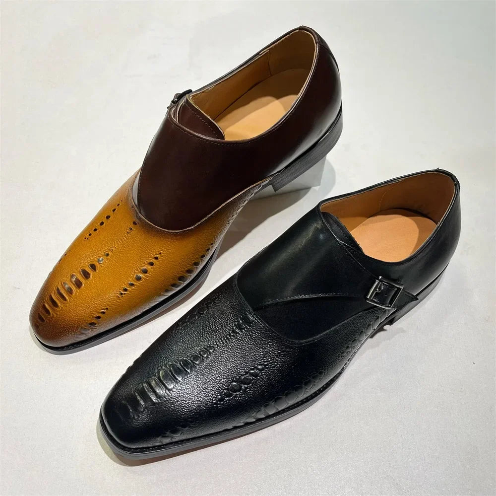 Luxury Men's Loafers Genuine Leather Men's Slip on Wedding Party Formal Shoes Metal Buckle Round Toe Men's Dress Shoes