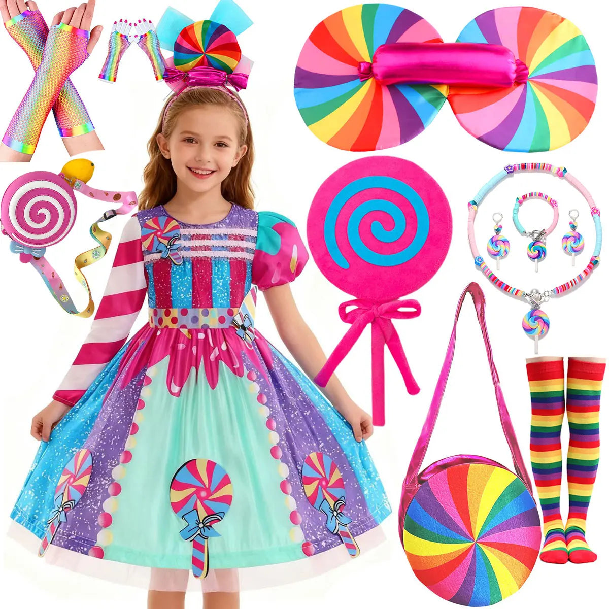 Presente Clássico para Festa de Carnaval de Purim para Meninas Vestido Arco-Íris Assimétrico Longo e Curto com Manga Doce Conjunto de Vestidos Fofos para Férias de Natal