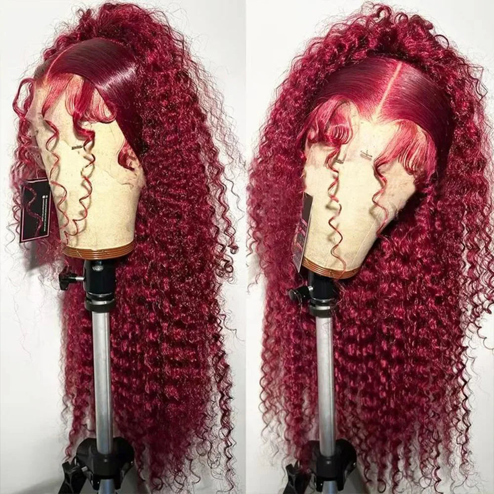 13x6 99j Burgundy Lace Front Wigs Human Hair Deep Wave 250 Density Transparent Frontal Wigs Pre Plucked Red Curly Wigs for Women