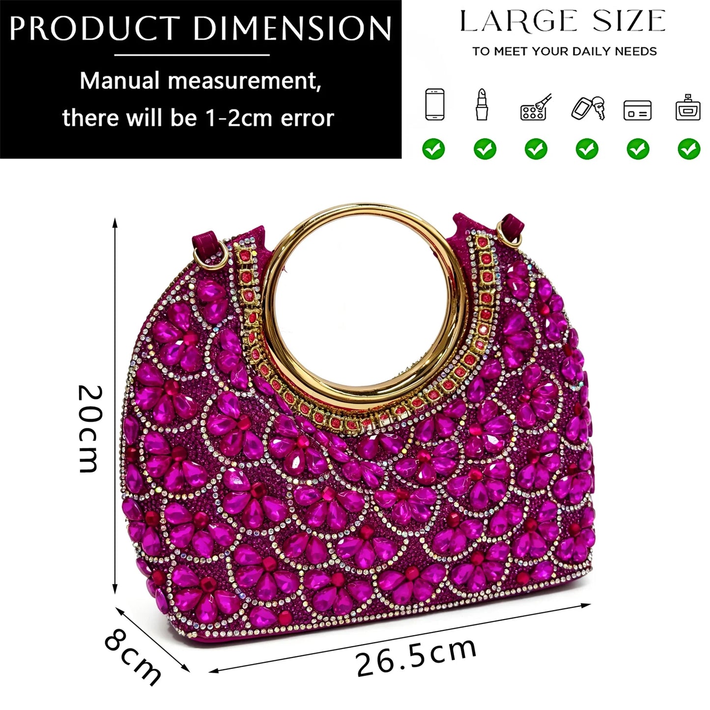 2026 INS Italian Design Elegant Fuchsia Rhinestone Pointed Toe High Heels with Matching Handbag Set - Perfect for Weddings
