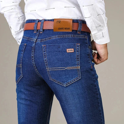 Autumn Classic Men's Fitted Stretch Jeans Business Casual Cotton Denim Straight Leg Pants Male Black Blue Trousers