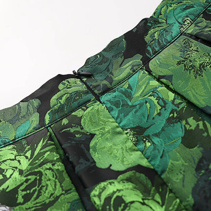 High Quality Elegant Lady Hepburn Style Mid-long Puff Skirt All-match Spring Autumn High Waist Green Jacquard Women A-line Skirt