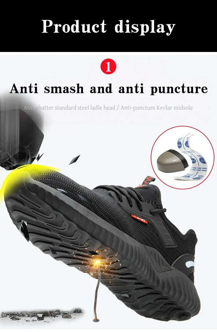 Steel-toe work shoes, puncture-resistant safety boots, sturdy industrial shoes, comfortable and breathable, and slip-resistant.