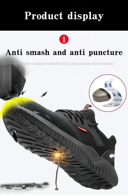 Steel-toe work shoes, puncture-resistant safety boots, sturdy industrial shoes, comfortable and breathable, and slip-resistant.