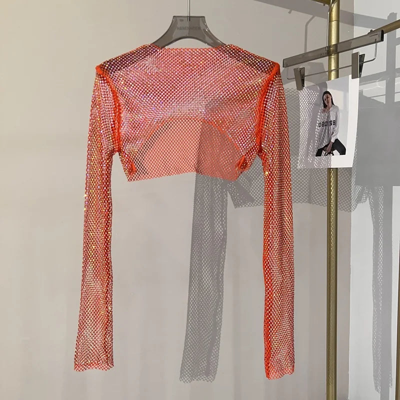 new sexy bright diamond short top Slim thin Ms. hot drill long-sleeved T-shirt sexy leak waist nightclub