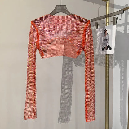 new sexy bright diamond short top Slim thin Ms. hot drill long-sleeved T-shirt sexy leak waist nightclub