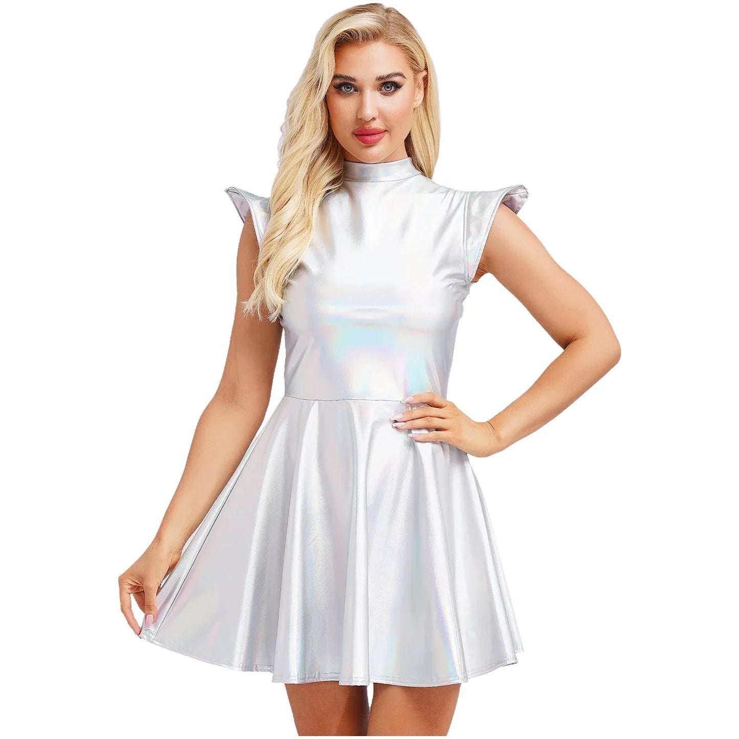 Womens Cocktail Dress Shiny Metallic Dress Alien Space Cap Sleeve High Waist A-line Dress for Halloween Party High Street Dress