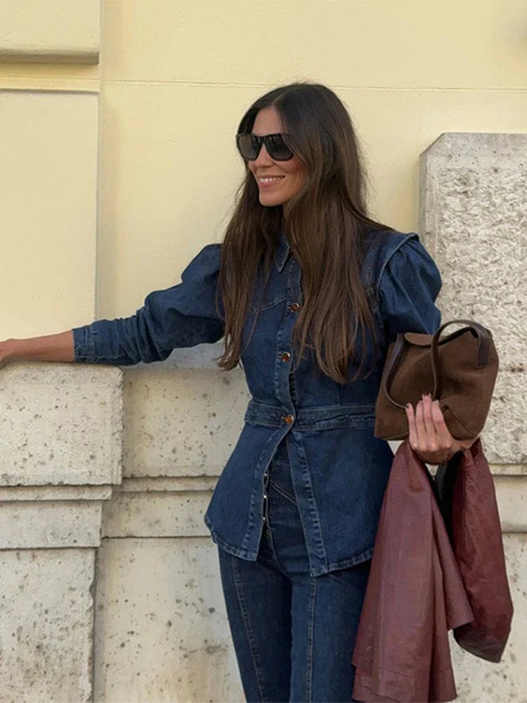Waist Cinching Split Top Single Breasted Slim Flared Pants Woman Sets Patchwork Jeans Flounce Denim Jacket Casual Women's Suits