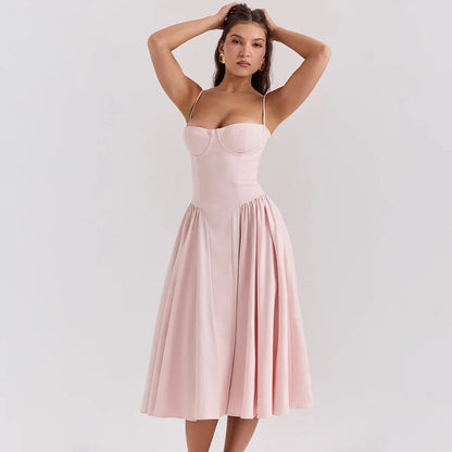 Women Elegant Sleeveless Backless Pleated Dresses Lady Sexy Solid Sling Midi Dress 2024 Female Party Evening A-line Robes